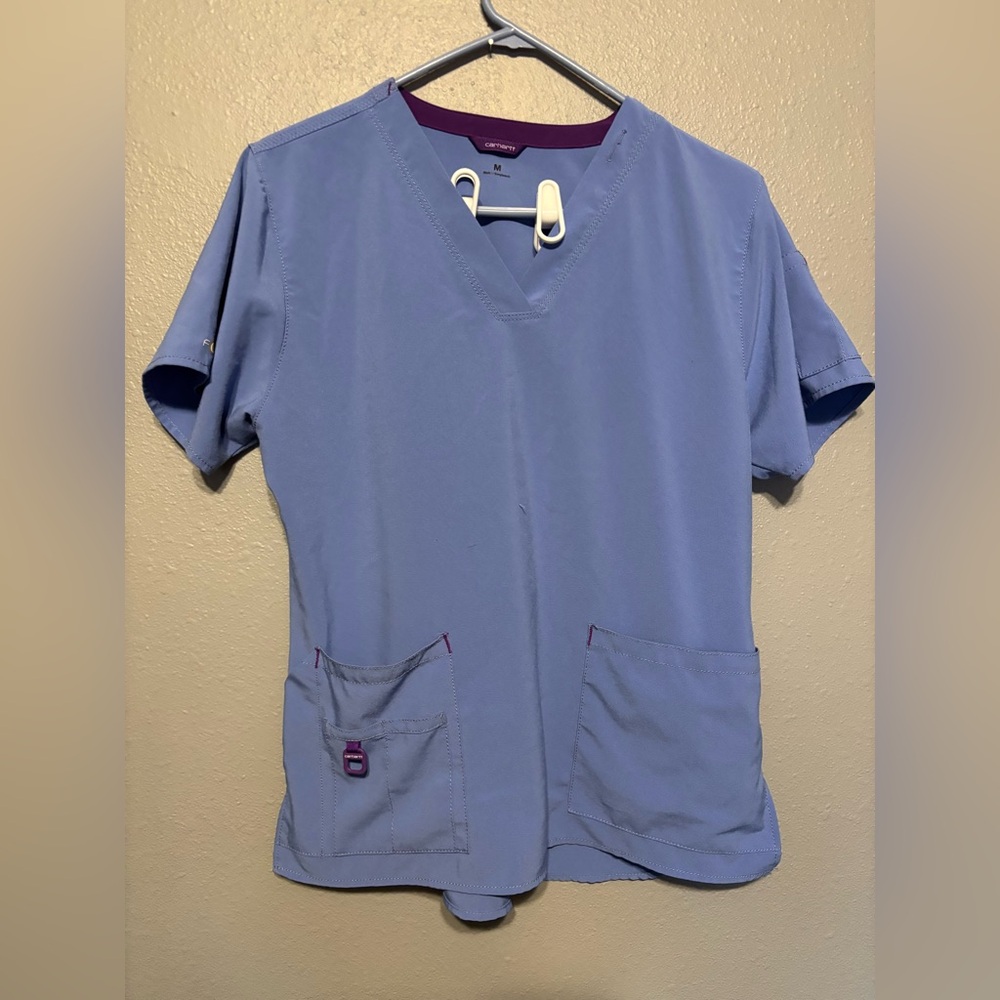 Carhartt Periwinkle Scrub Top with Purple Trim